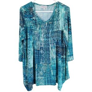 Southern‎ Lady  Blouse Blue Green Womens Size Large Lightweight 3/4 Sleeves Top